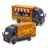 A wooden model of a small food truck in orange and blue, featuring a detailed serving window and branding elements.