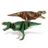 Two wooden Tyrannosaurus Rex models in green and brown, featuring a skeleton design and a logo.