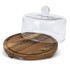A wooden cake display stand with a glass dome lid, featuring a circular base and a smooth finish.