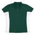 A green and white women's polo shirt featuring a solid body and contrasting side panels. It has a collar and buttons.