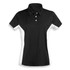 A black and white women's polo shirt with a collared neckline and short sleeves, featuring a logo.