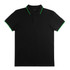 A black polo shirt featuring green accents on the collar and sleeve hems, with a logo on the chest.
