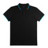 A black polo shirt with turquoise accents on the collar and sleeves, featuring a branded logo.