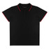 A black women's polo shirt with red trim and a collar, featuring a three-button placket and short sleeves.
