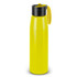 A drink bottle in vibrant yellow with a black lid and a handle. The bottle features a simple design with a logo.