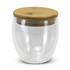 A glass cup with a bamboo lid, featuring a transparent design suitable for various beverages.