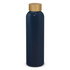 A drink bottle in navy blue with a bamboo lid, featuring a sleek, modern design and a branding logo.