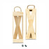 A wooden wine crate with a natural finish, featuring a rope handle and an open design.