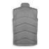 A grey men's puffer vest with a quilted design and high collar, featuring a logo on the back.