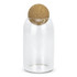 A clear glass canister with a cork lid, featuring a rounded top. Ideal for home storage.
