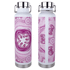 A drink bottle with a pink and white patterned design, featuring a stainless steel lid and base, and a logo.