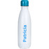 A drink bottle in white with a turquoise lid and a logo, featuring a sleek, insulated design.