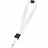 A white lanyard with a black clip and attachment for holding items, featuring an attached ring.
