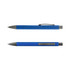A blue Aspen Paper Pen with a textured grip and a clip, featuring a sleek grey barrel.