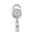 A retractable badge holder in silver and clear, featuring a clip and a transparent reel.