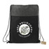 A black and grey drawstring bag featuring a round design and a logo, made from recycled materials.