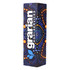 A drink bottle with a dark blue packaging featuring vibrant dot-pattern artwork and a logo. It has a rectangular shape.