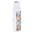 A drink bottle in white with a decorative design featuring earthy tones and a metal loop, capacity 600ml.