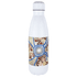 A drink bottle with a white exterior and an artistic, colourful design featuring earthy tones and patterns.
