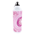 A drink bottle made of aluminium, featuring a pink design and a silver cap with a clip. It has a logo printed on it.