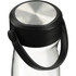 A drink bottle featuring a clear body, stainless steel lid, and a black handle. It includes a logo on the side.
