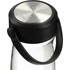 A drink bottle with a clear body, black lid, and a handle. It features a metal accent on the cap.