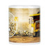A ceramic coffee mug featuring a heavy machinery design, primarily in yellow and white, with a logo.