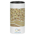 A drink bottle featuring a patterned design in earthy tones and a black lid, with a logo at the bottom.