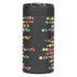 A drink bottle in black with a colourful polka dot design, featuring a lid, designed as a tumbler and can insulator.