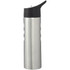A stainless steel drink bottle with a silver finish and a black lid, featuring a textured grip.