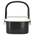 A plastic and wheat straw lunch box in black with a white lid and a black handle. Features a logo.