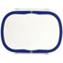 A plastic and wheat straw lunch box in white with a blue lid and a logo.