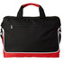 A black and red laptop bag with a zippered front pocket and dual carry handles. Features a logo on the side.