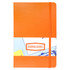 An orange notebook with a band and a logo, featuring a smooth cover and rounded corners.