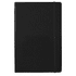 A black notebook with a smooth finish and an elastic band closure. It features a logo on the cover.