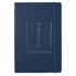 A navy blue journal with an embossed design and an elastic band closure, featuring a logo.