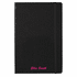 A black journal with an elastic band, featuring a custom name in pink text at the bottom. It includes a branding logo.