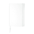 A white notebook with a textured cover, featuring an elastic band and a ribbon bookmark, includes a branding logo.