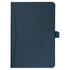A navy blue bound journal with a textured cover and an embossed logo on the front.