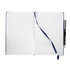 A navy blue bound journal with lined pages, a ribbon bookmark, and a pen attached.