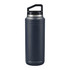A drink bottle in dark navy with a stainless steel lid and a handle, featuring a logo on the front.