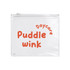 A transparent pencil case featuring orange text that reads "Puddle wink" with a curved design. It has a zip closure and a logo.