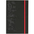 A black journal with embossed animal designs and a bright red elastic band.