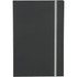 A dark grey journal with a grey elastic band, featuring a simple design and a logo on the cover.