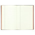 An open journal featuring blank lined pages with a red border and a dark cover. The journal has a logo on the front.
