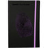 A black journal with a purple elastic band featuring a fingerprint design. It has a logo on the cover.