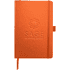 An orange bound journal with a logo on the cover and an elastic closure.
