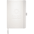 A white Nova Bound JournalBook with an embossed logo and a ribbon bookmark.