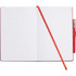 A bound journal in red featuring lined pages, a matching ribbon bookmark, and a pen holder.