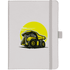 A hard-bound journal in white featuring a yellow and black design of a dump truck, complete with an elastic closure.